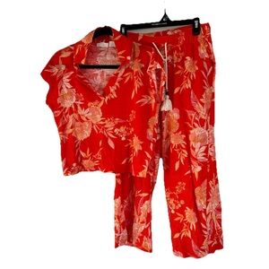 Cynthia Rowley Orange Floral Linen Knit Crop Top And Wide Leg Pants Set Small